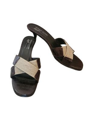 Donald J Pliner "Kiki" Brown Croc-Embossed & Linen Kitten Heel Slides SZ: 9.5M